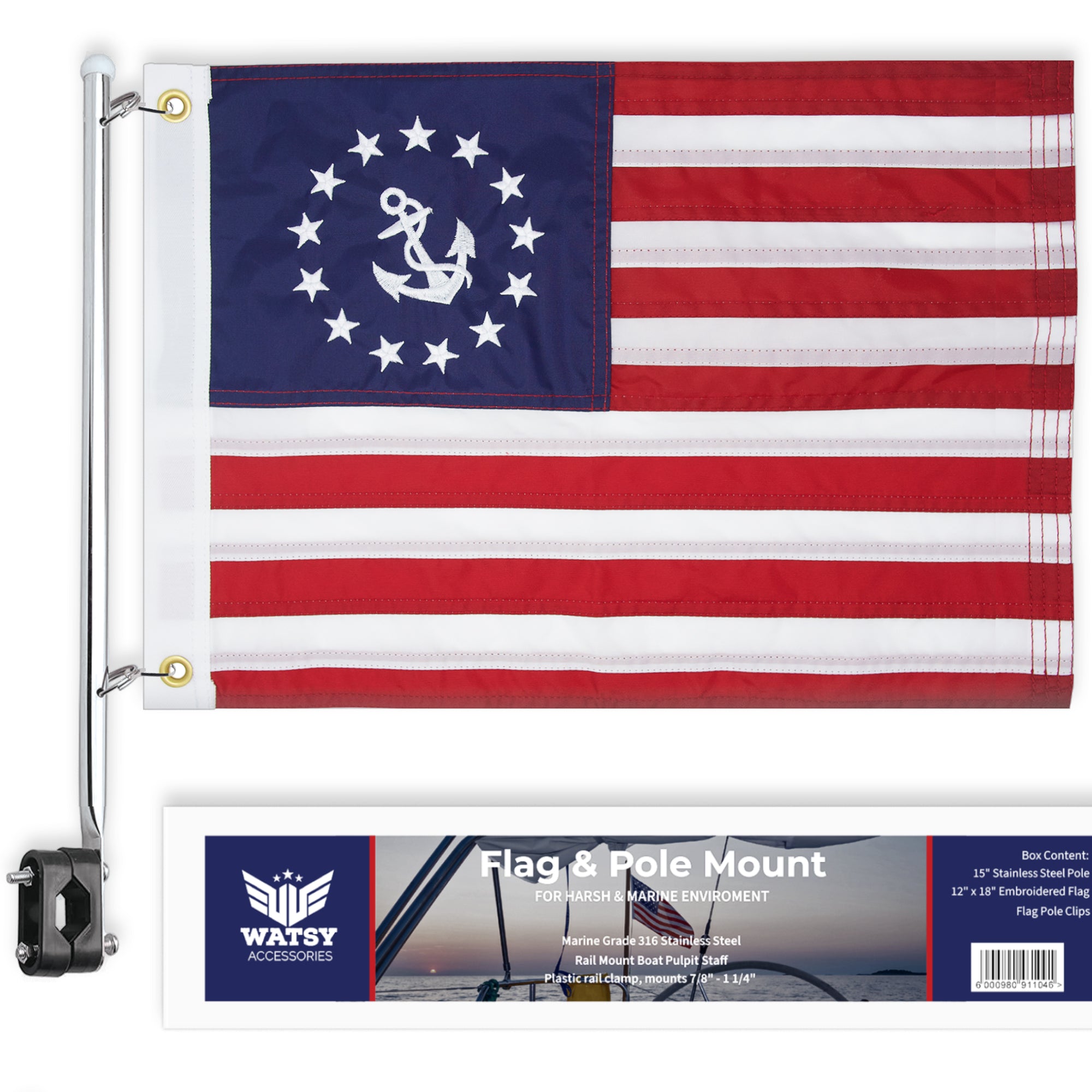 American US Yacht Ensign Boat Flag With Pole Kit 12 x 18
