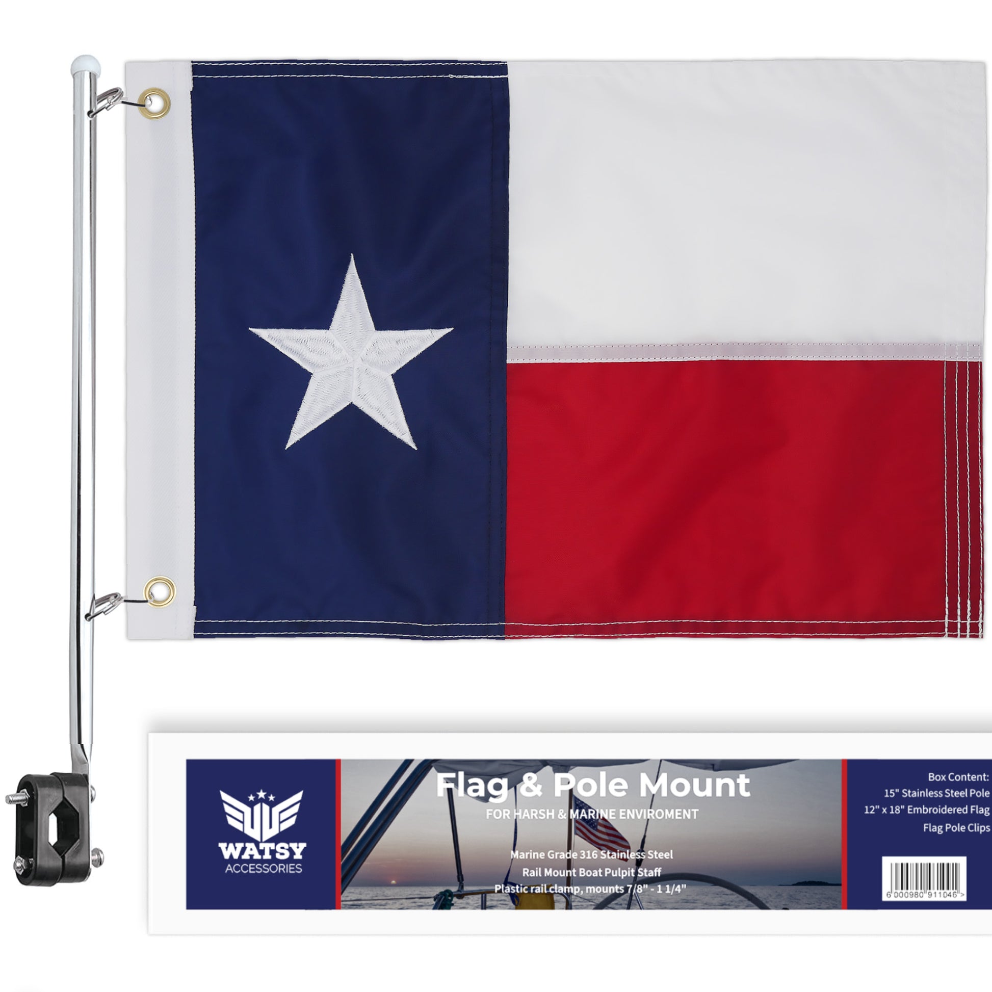 WATSY Texas State Boat Flag with Pole Kit 12 x 18 Cabin Waterproof Embroidered Marine & Golf Cart Flags